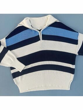 Aerie Beyond Quarter Zip Sweater Blue Striped Cotton‎ Knit Pullover Size Small